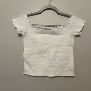 Hollister White Smocked Off Shoulder Crop Top Lettuce Hem Size Large Fitted